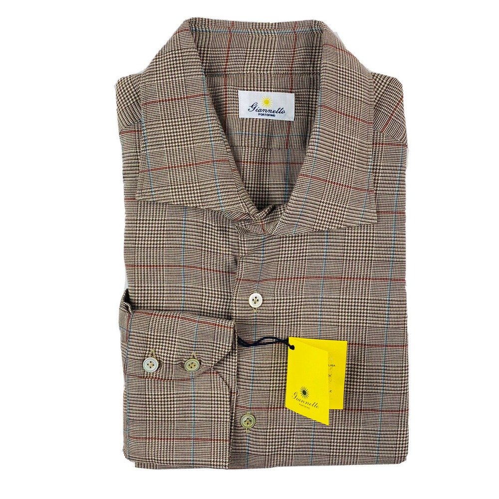 Giannetto Portofino Men Brown Red Blue Checked Cotton Wool Shirt Size L NWT
